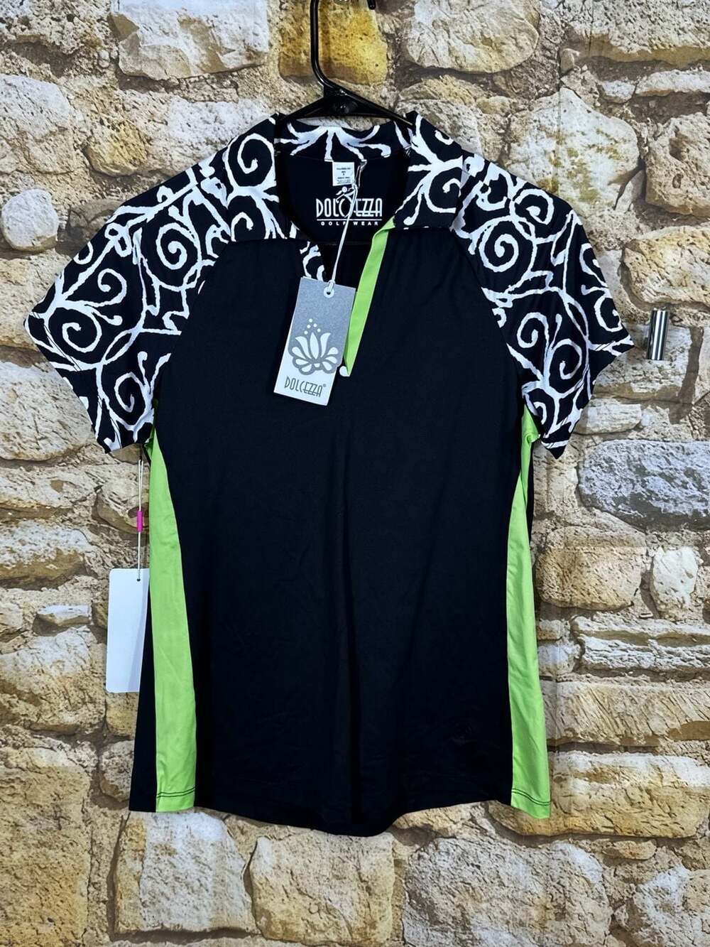Dolcezza Golf Wear Polo Shirt - Black and White Patterned with Lime Green Trim - Picture 2 of 6